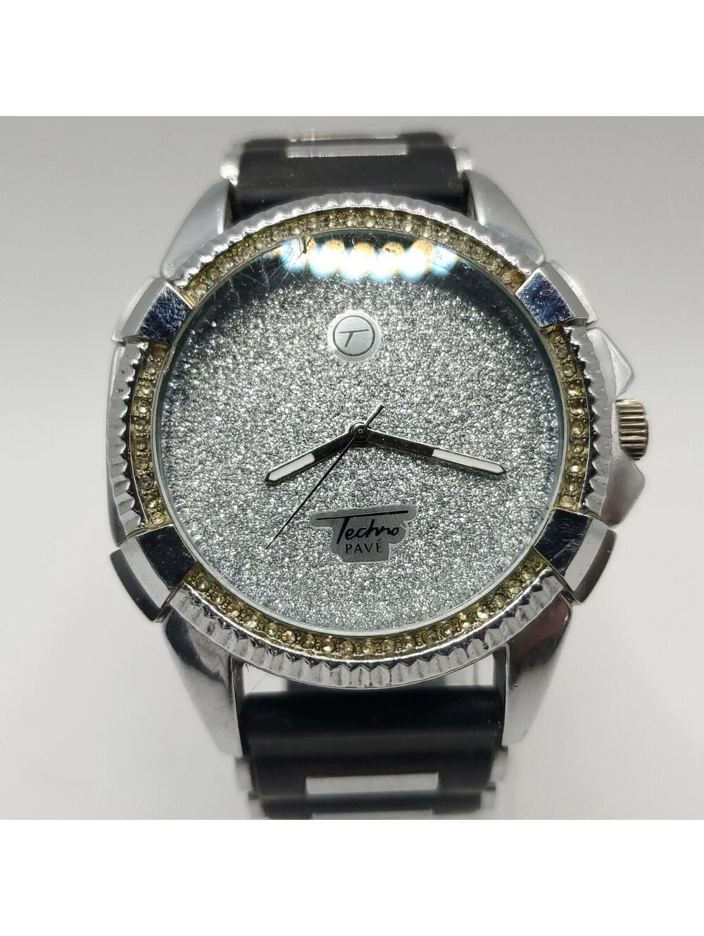 Techno Pave Mens Watch Silver Dial 45mm New Battery